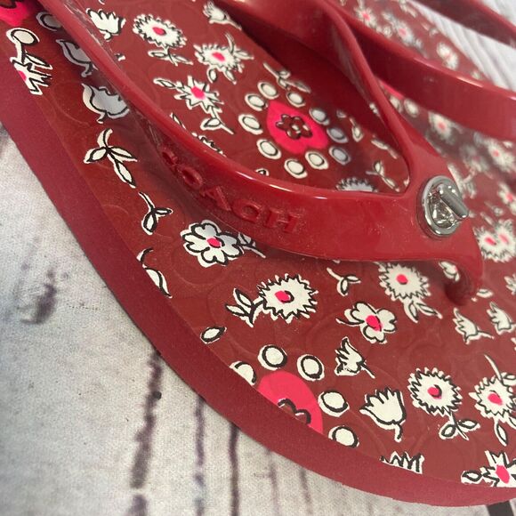 Coach Sandals Womens 8B Red Floral Abbigail Turn-Lock Flip Flops Thongs Logo - Picture 2 of 10